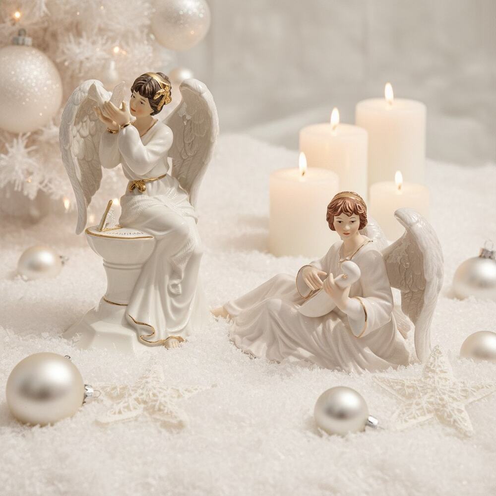 Grandeur Noel Porcelain Angel Set-Dove-Musician-Christmas-Holiday-Figurine-White